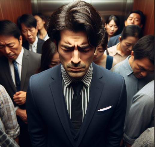 Un hombre de traje que se siente atrapado y agobiado en un ascensor lleno de gente